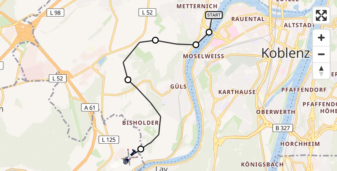 Routekaart van de vlucht: Polizeihubschrauber nach Koblenz-Winningen Airfield