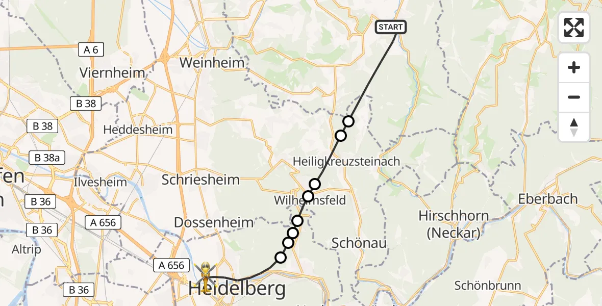 Flugroute Rettungshubschrauber Wald-Michelbach - Heidelberg, 12 März 2026, 12:27