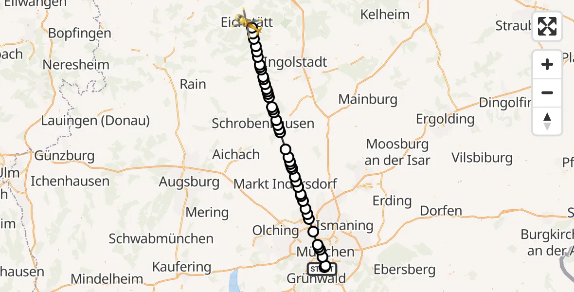 Flugroute Rettungshubschrauber ADAC Air Rescue Center Heliport (Christoph 1) - Eichstätt, 12 März 2026, 12:35