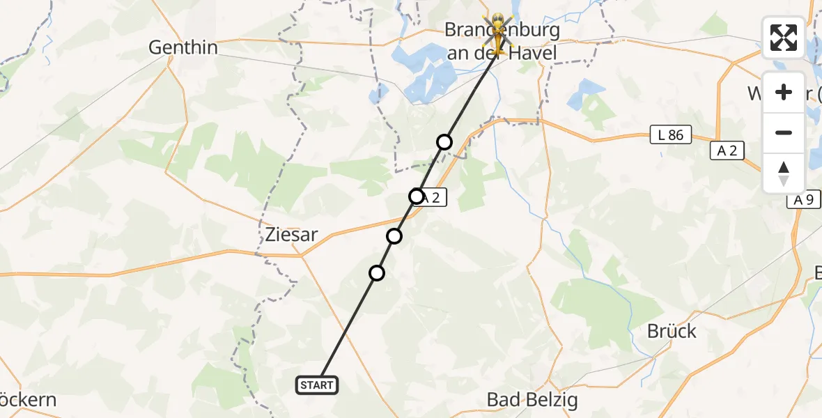 Flugroute Rettungshubschrauber Hohenlobbese - Brandenburg an der Havel, 12 März 2026, 12:35