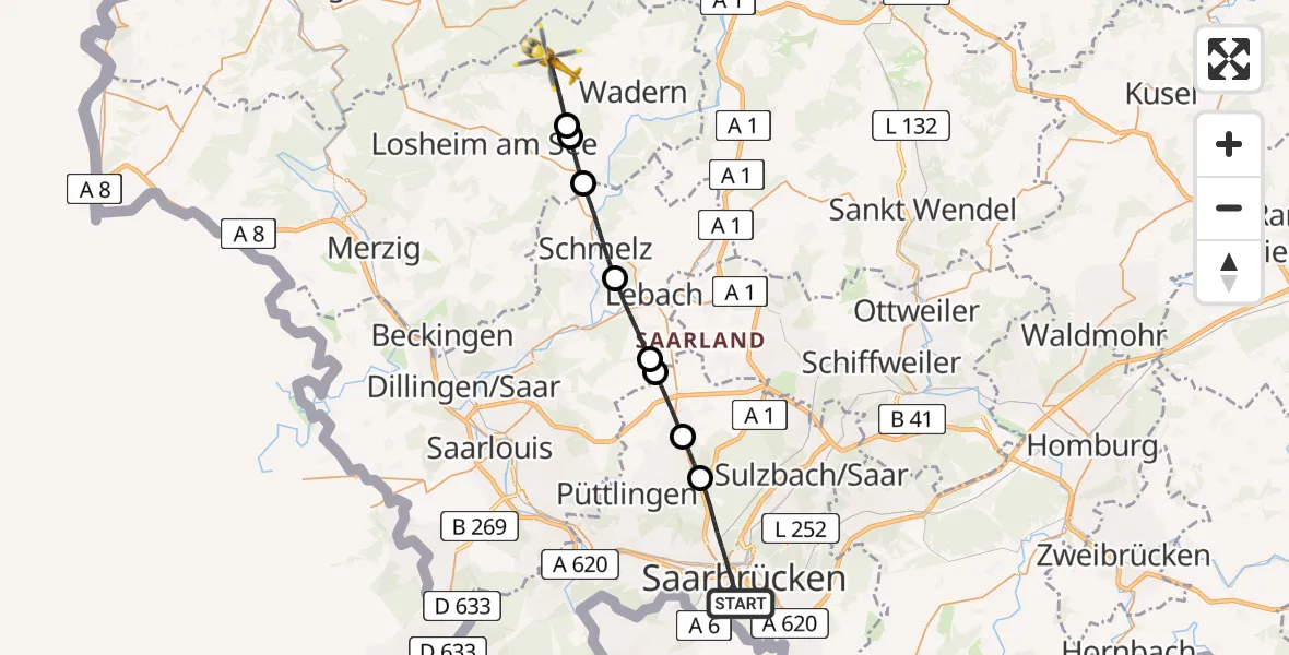 Flugroute Rettungshubschrauber Saarbrücken - Weiskirchen, 12 März 2026, 12:36