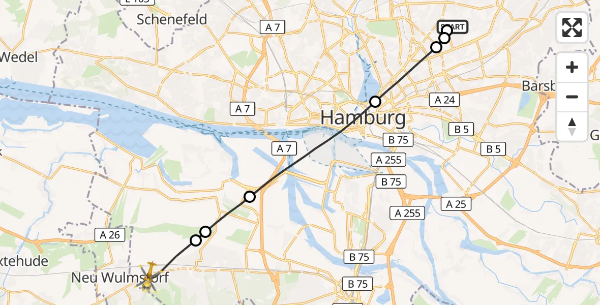 Flugroute Rettungshubschrauber Hamburg Military Hospital - Harburg, 12 März 2026, 12:36