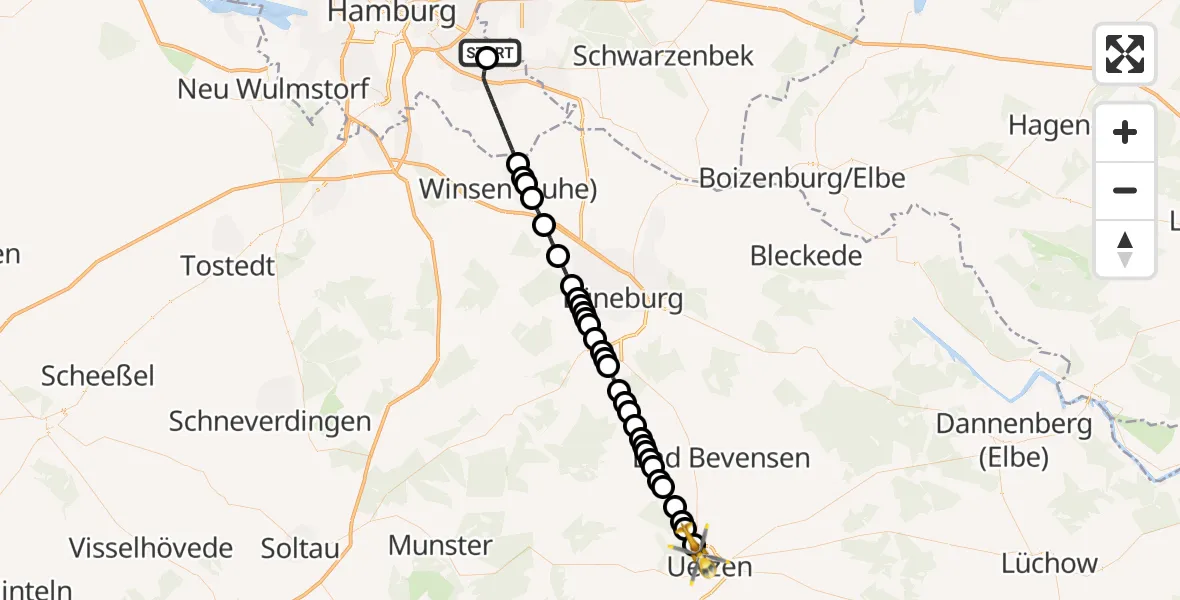 Flugroute Ambulanzhubschrauber Christoph Hansa ADAC Helipad - Uelzen, 12 März 2026, 12:36
