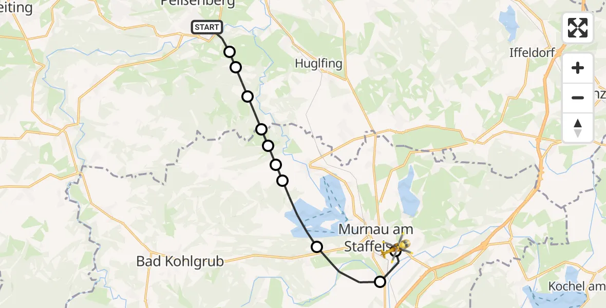 Flugroute Rettungshubschrauber Peißenberg - Murnau Accident Hospital, 12 März 2026, 12:38