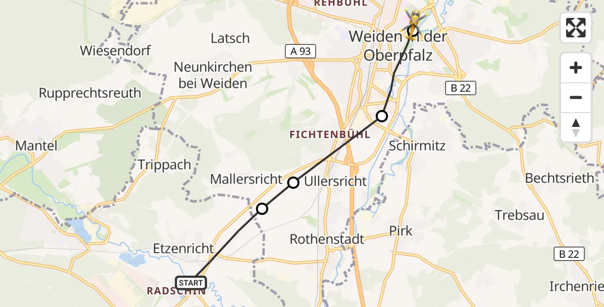 Flugroute Rettungshubschrauber Etzenricht - Weiden Hospital Heliport, 12 März 2026, 12:38