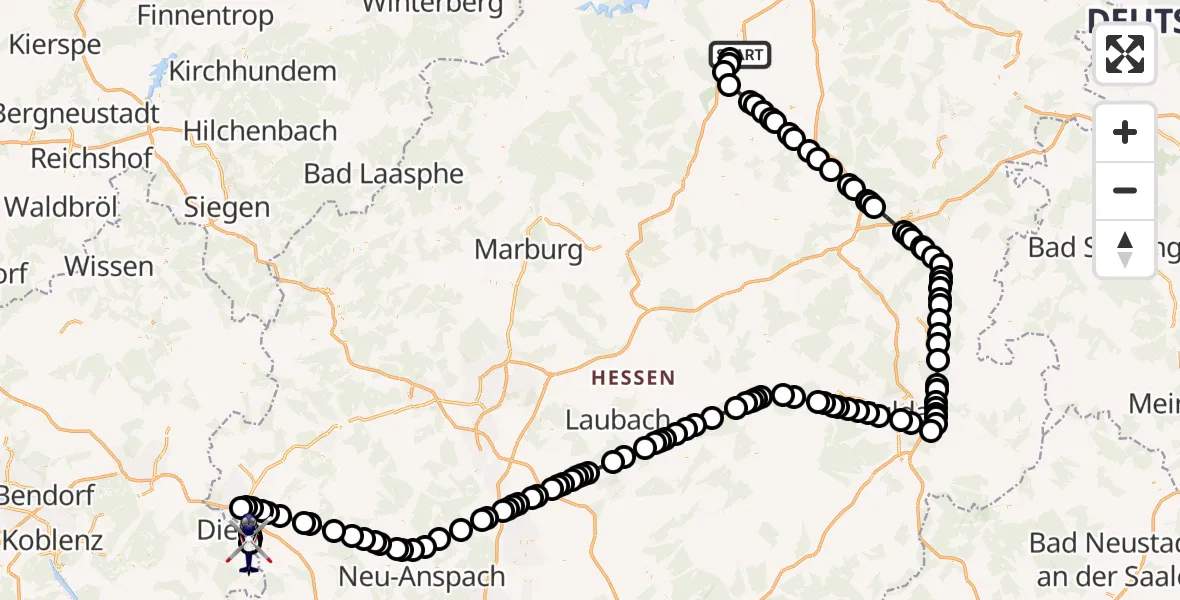 Flugroute Polizeihubschrauber Fritzlar Army Airfield - Niederneisen, 12 März 2026, 12:44
