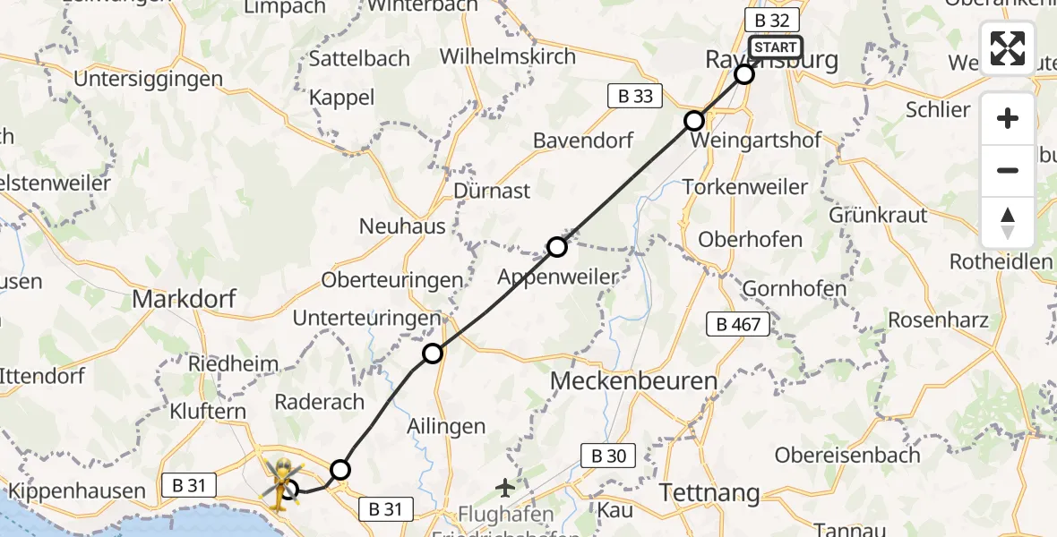 Flugroute Rettungshubschrauber Ravensburg - Friedrichshafen Hospital, 12 März 2026, 12:46