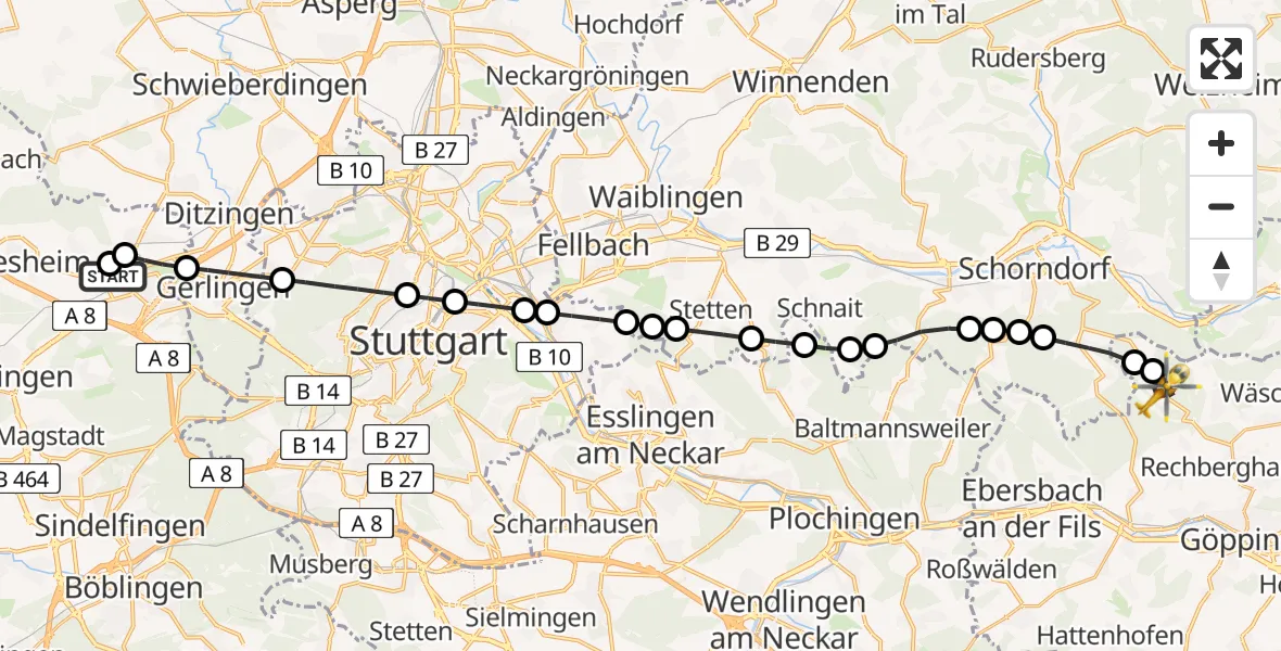Flugroute Rettungshubschrauber Leonberg Hospital - Adelberg, 12 März 2026, 12:46