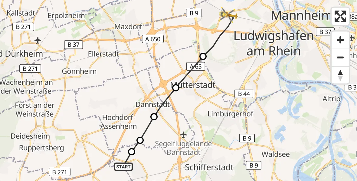 Flugroute Rettungshubschrauber Böhl-Iggelheim - Ludwigshafen Accident Hospital Heliport, 12 März 2026, 12:51