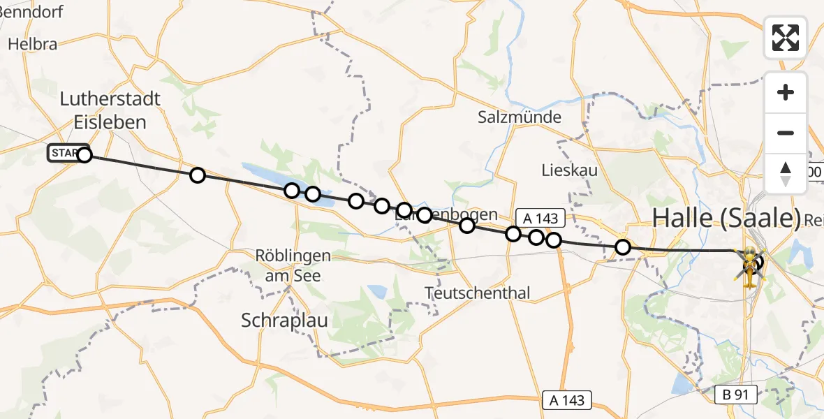 Flugroute Rettungshubschrauber Wolferode - BG Hospital Bergmannstrost Halle, 12 März 2026, 12:57