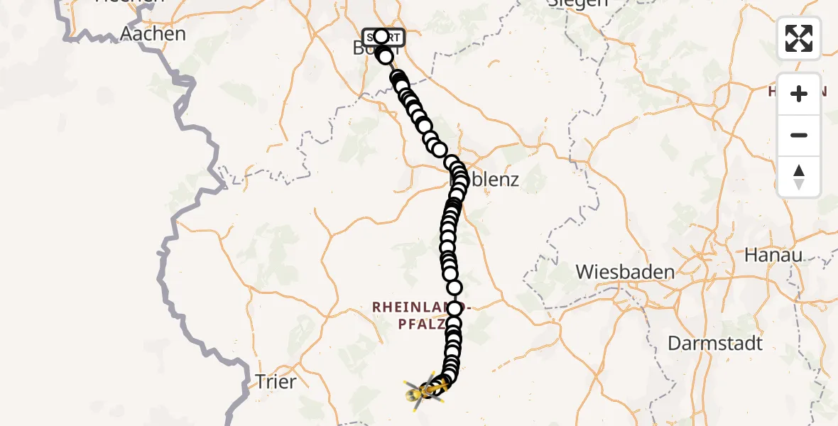 Flugroute Rettungshubschrauber Sankt Augustin - Idar-Oberstein/Göttschied Airfield, 12 März 2026, 12:57