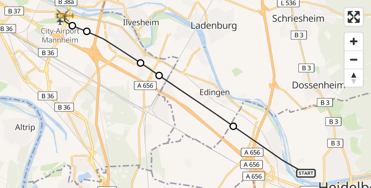 Flugroute Rettungshubschrauber Heidelberg - Mannheim-City Airport, 12 März 2026, 12:57