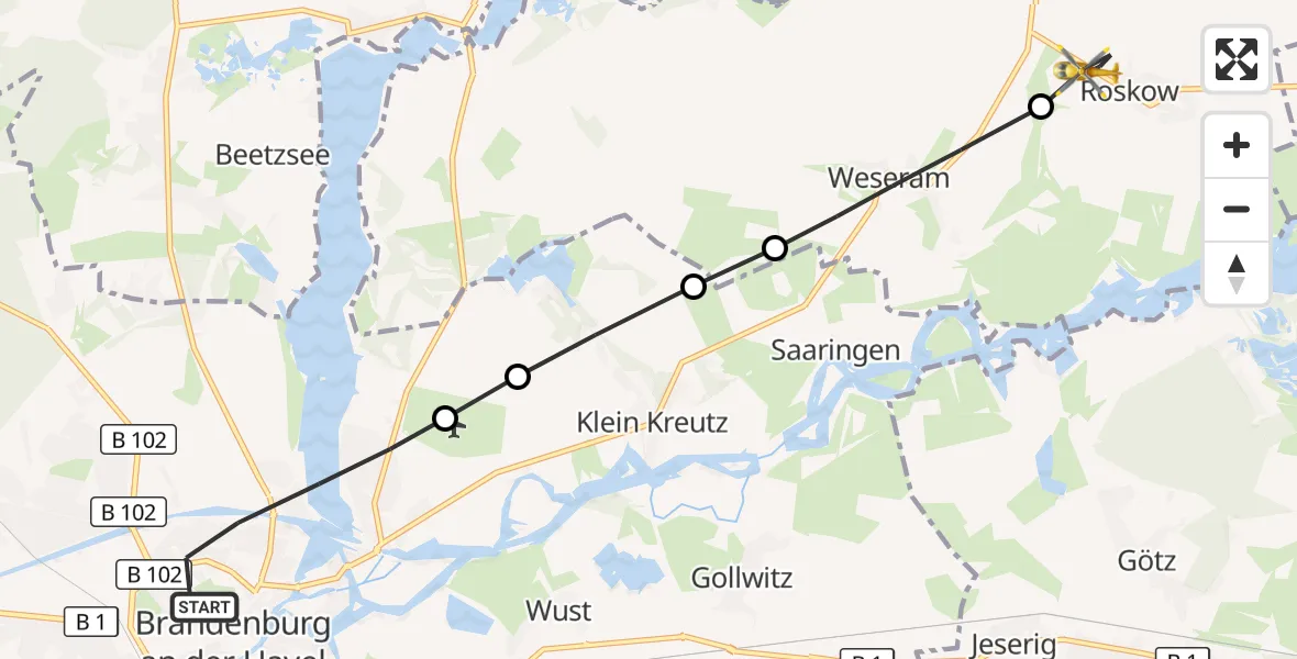 Flugroute Rettungshubschrauber Brandenburg an der Havel - Roskow, 12 März 2026, 12:58