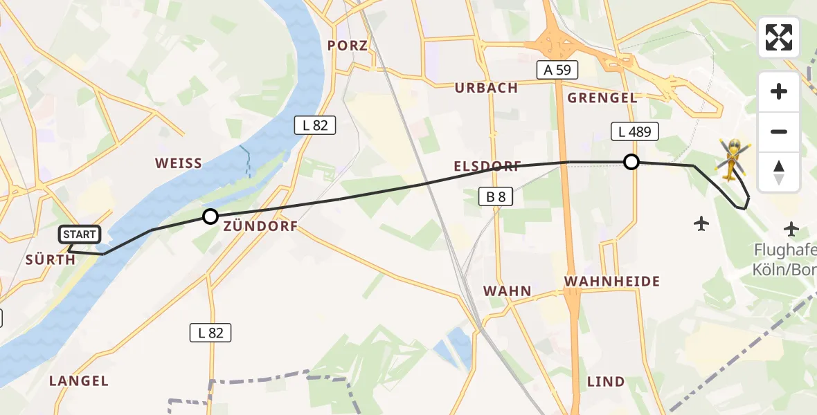 Flugroute Rettungshubschrauber Rodenkirchen - Cologne Bonn Airport, 12 März 2026, 12:59