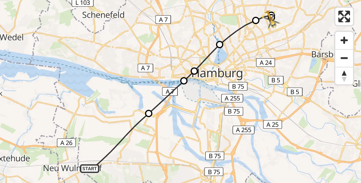 Flugroute Rettungshubschrauber Harburg - Hamburg Military Hospital, 12 März 2026, 13:06