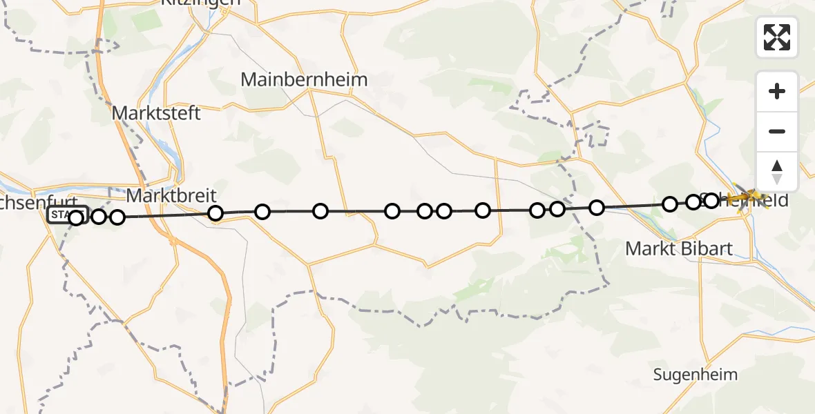 Flugroute Rettungshubschrauber Ochsenfurt Hospital - Hohlweiler, 12 März 2026, 13:07