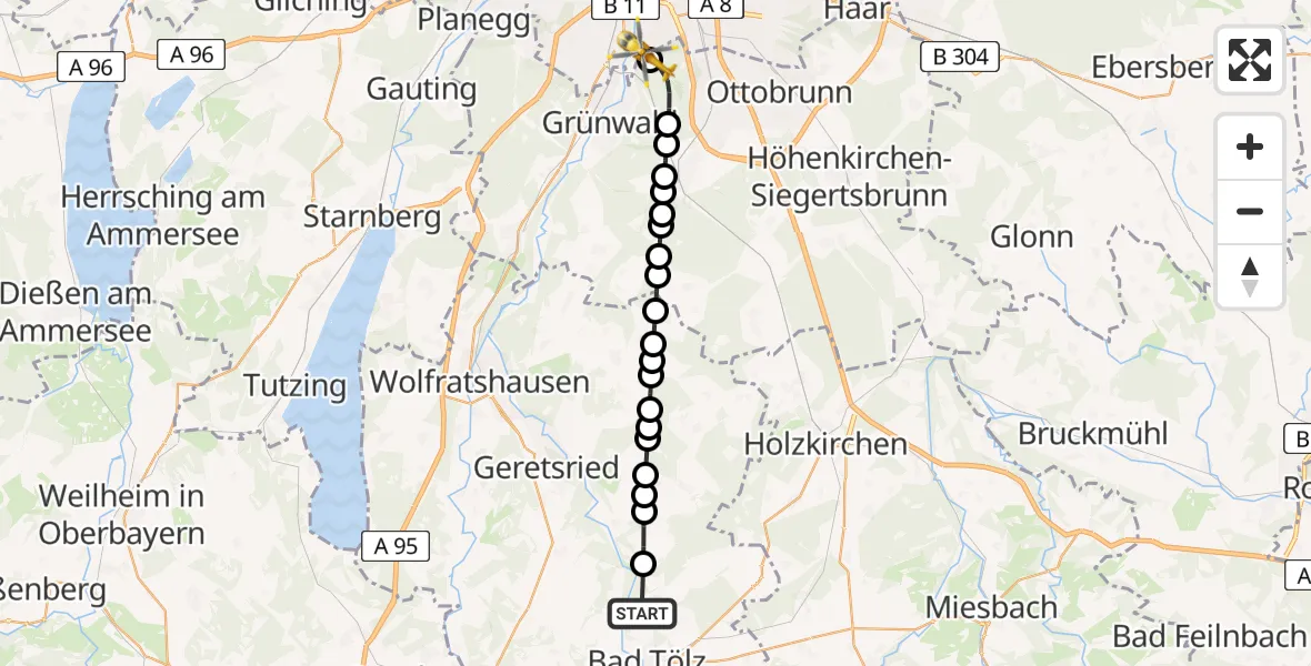 Flugroute Ambulanzhubschrauber Bad Tölz - ADAC Air Rescue Center Heliport (Christoph 1), 12 März 2026, 13:08
