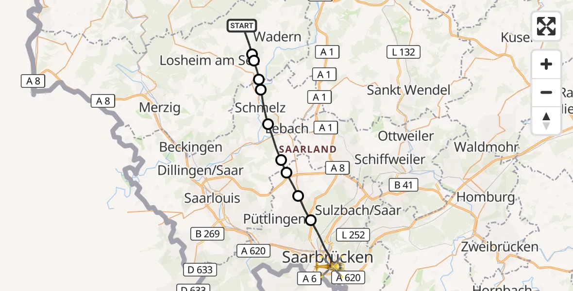 Flugroute Rettungshubschrauber Weiskirchen - Saarbrücken, 12 März 2026, 13:11