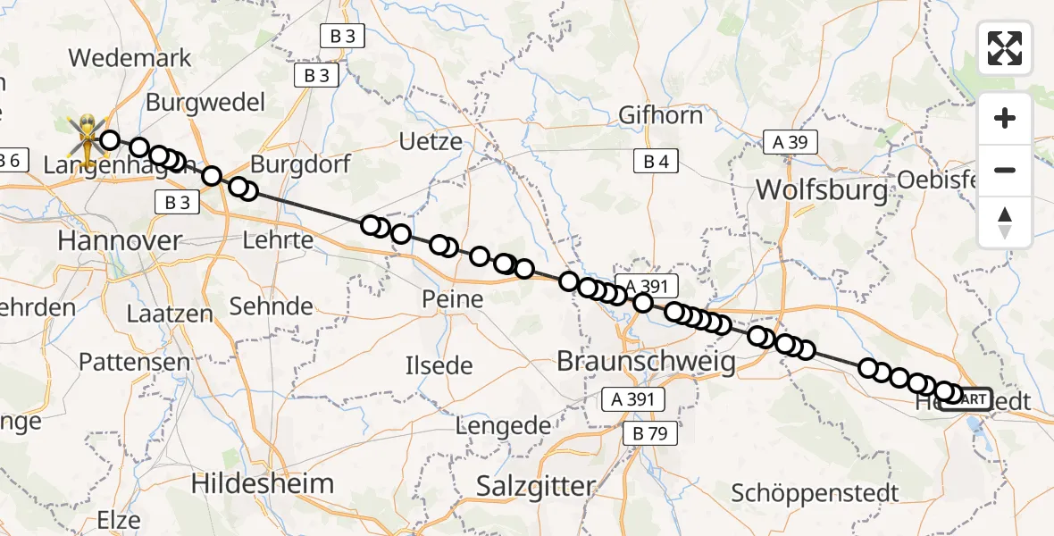 Flugroute Ambulanzhubschrauber Helmstedt - Hannover Airport, 12 März 2026, 13:17