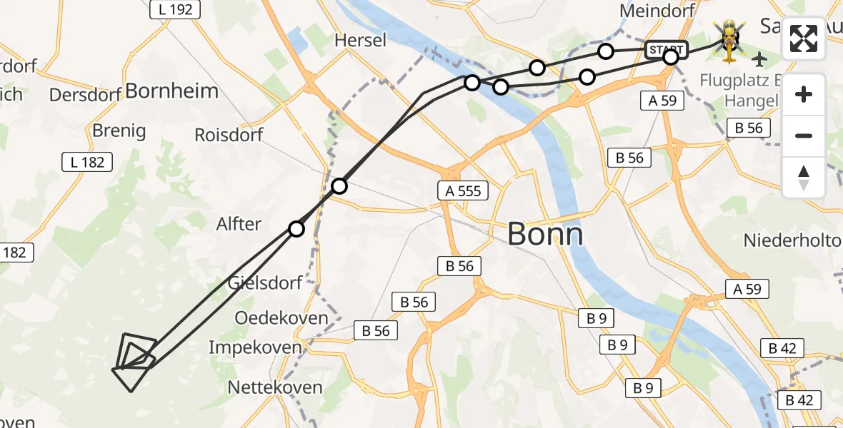 Flugroute Rettungshubschrauber Sankt Augustin - Bonn-Hangelar Airfield, 12 März 2026, 13:22