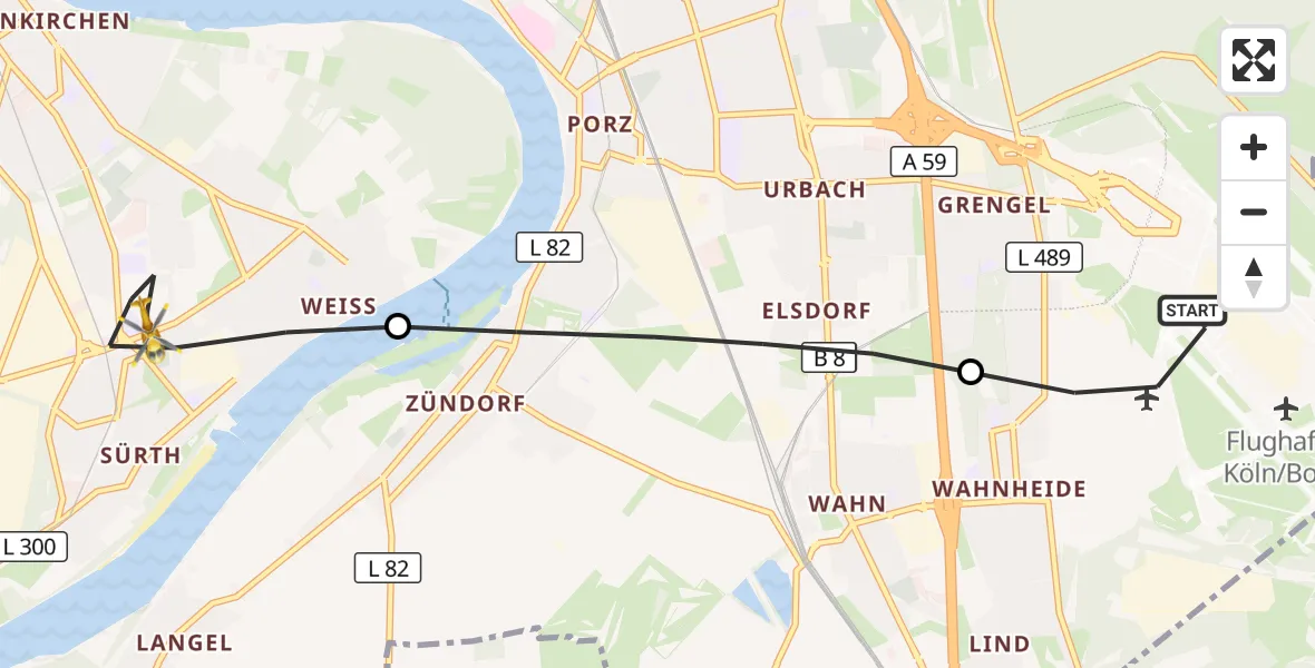Flugroute Rettungshubschrauber Cologne Bonn Airport - Rodenkirchen, 12 März 2026, 13:28