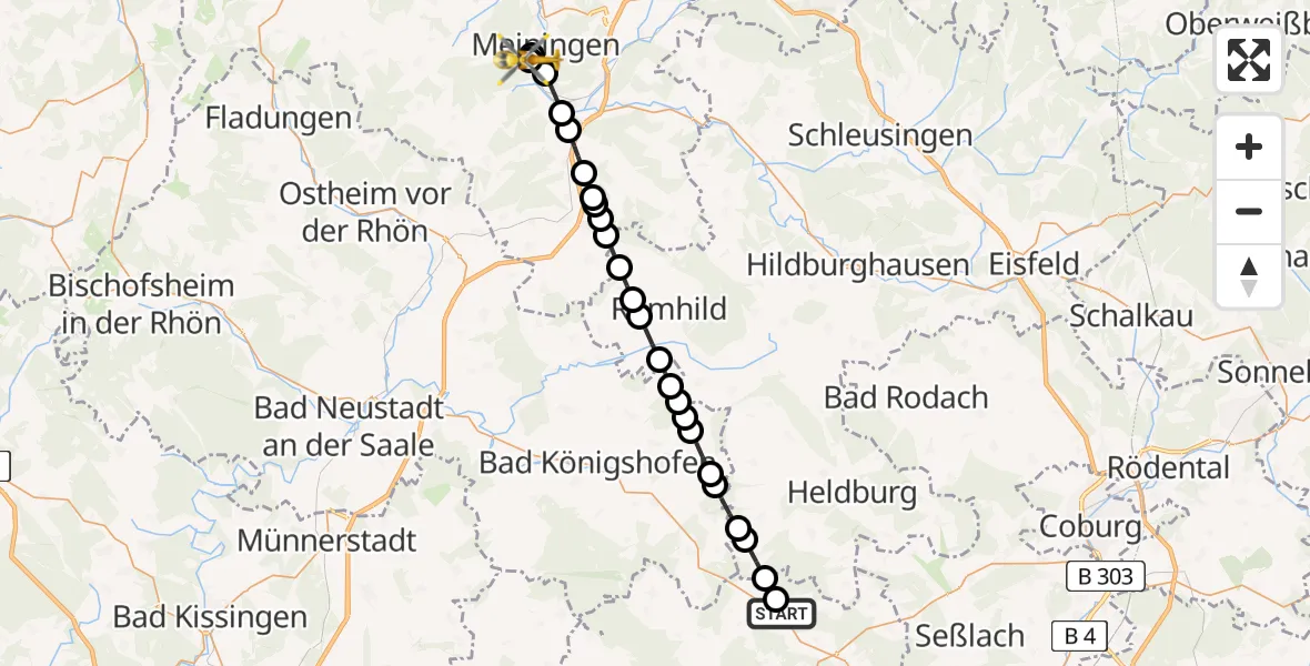 Flugroute Rettungshubschrauber Allertshausen - Helios Clinic Meiningen, 12 März 2026, 13:29