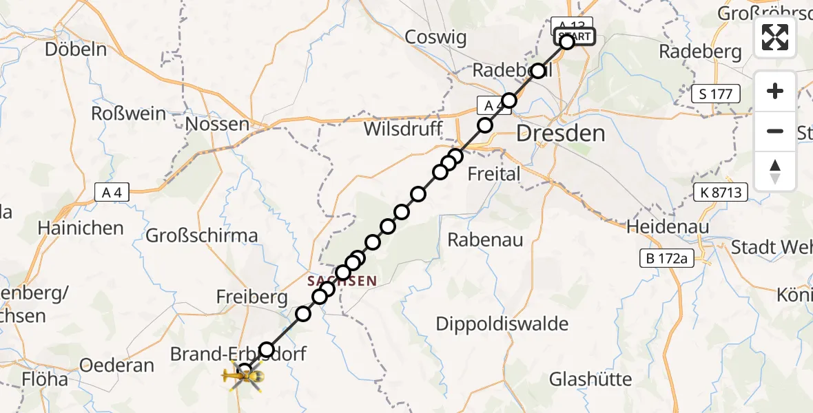 Routekaart van de vlucht: Rettungshubschrauber nach Brand-Erbisdorf, Kohlenstraße