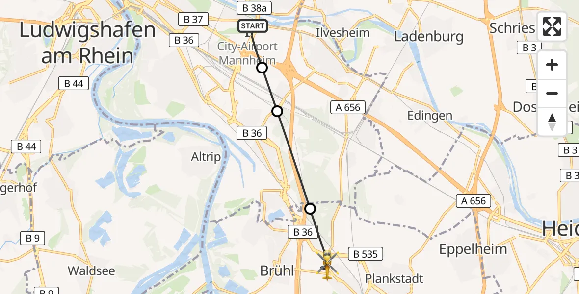 Flugroute Rettungshubschrauber Mannheim-City Airport - Schwetzingen, 12 März 2026, 13:37