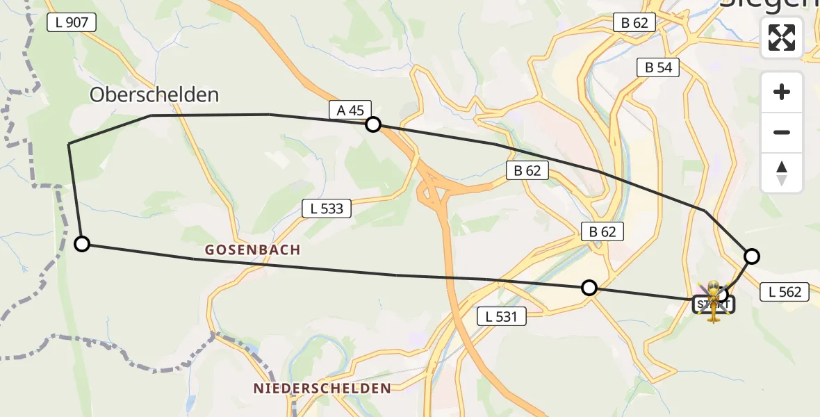 Flugroute Rettungshubschrauber Evangelisches Jung-Stilling Hospital - Evangelisches Jung-Stilling Hospital, 12 März 2026, 13:39
