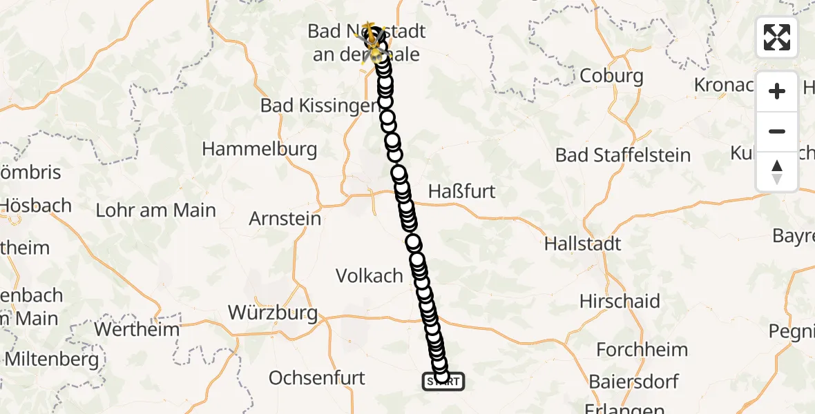 Flugroute Rettungshubschrauber Hohlweiler - Bad Neustadt an der Saale Hospital, 12 März 2026, 13:42