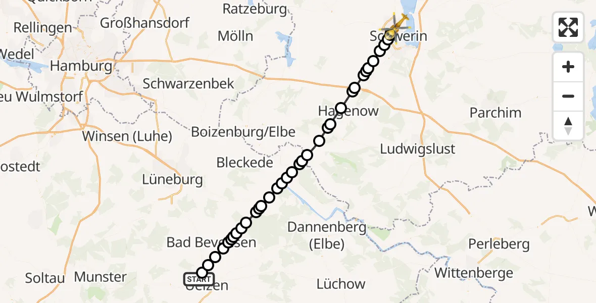 Flugroute Ambulanzhubschrauber Uelzen - Schwerin, 12 März 2026, 13:46