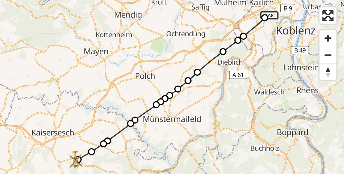 Flugroute Rettungshubschrauber Bubenheim - Illerich, 12 März 2026, 13:47