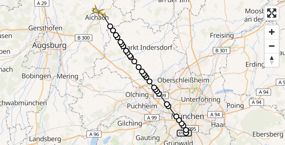 Flugroute Ambulanzhubschrauber ADAC Air Rescue Center Heliport (Christoph 1) - Aichach, 12 März 2026, 13:48