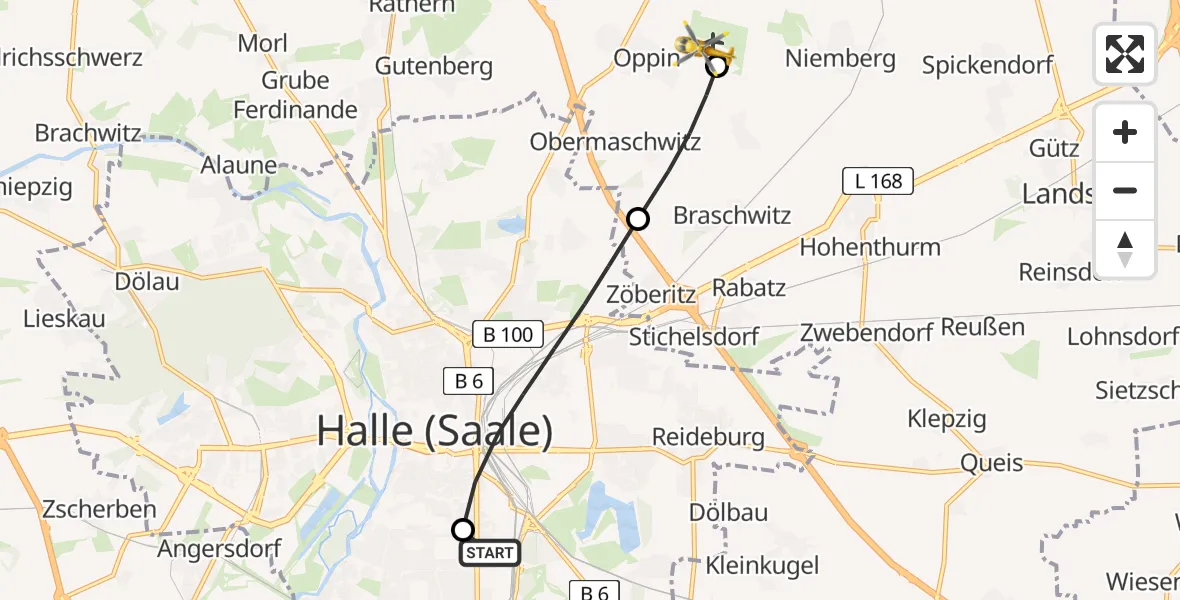 Routekaart van de vlucht: Rettungshubschrauber nach Halle-Oppin Airfield