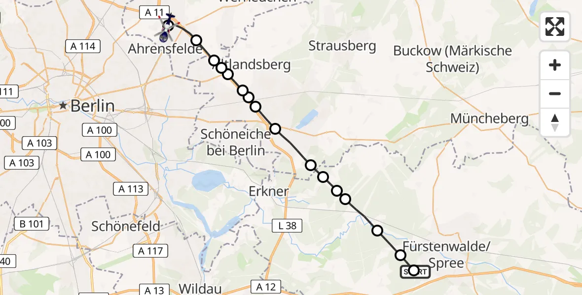 Routekaart van de vlucht: Polizeihubschrauber nach Ahrensfelde Heliport