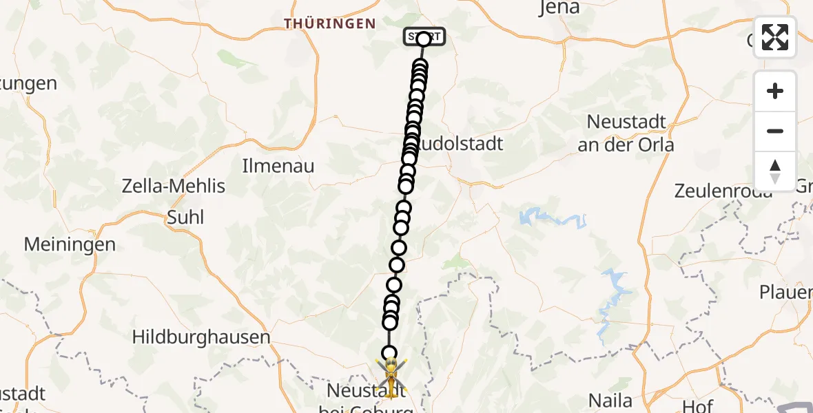 Flugroute Ambulanzhubschrauber Bad Berka - Neufang, 12 März 2026, 13:59
