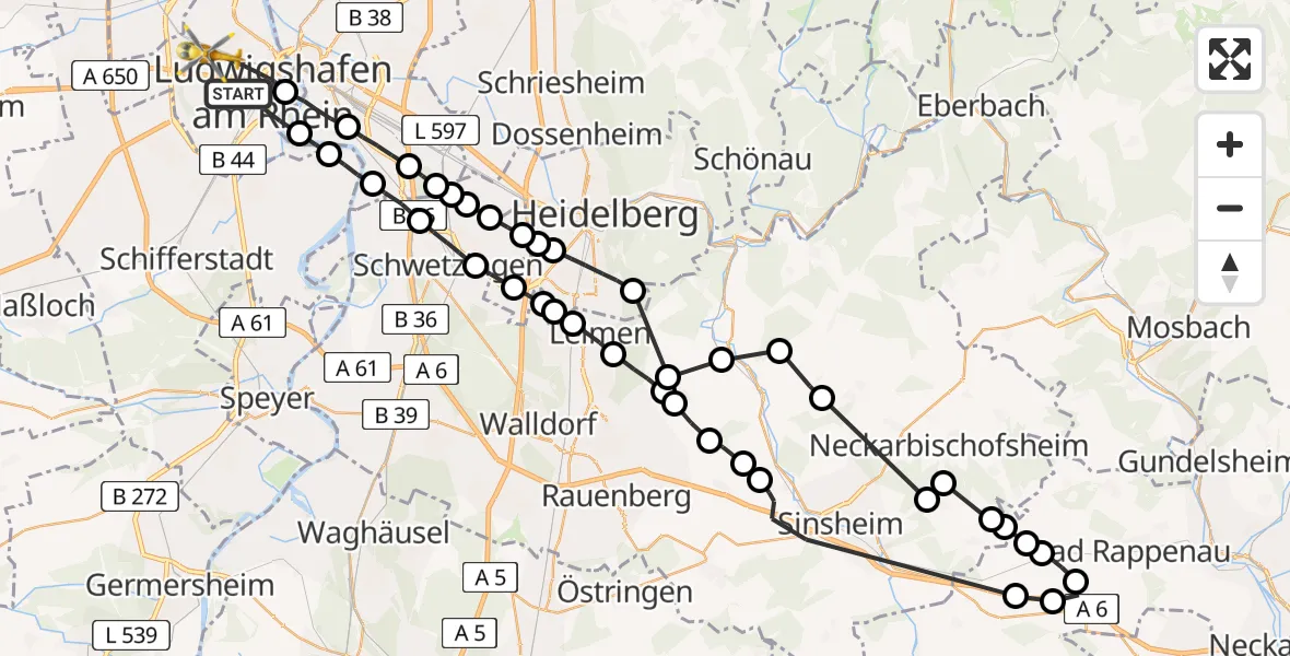 Flugroute Rettungshubschrauber Ludwigshafen am Rhein - Ludwigshafen Accident Hospital Heliport, 12 März 2026, 13:59