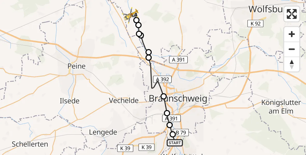Flugroute Rettungshubschrauber Wolfenbüttel - Hillerse, 12 März 2026, 14:08