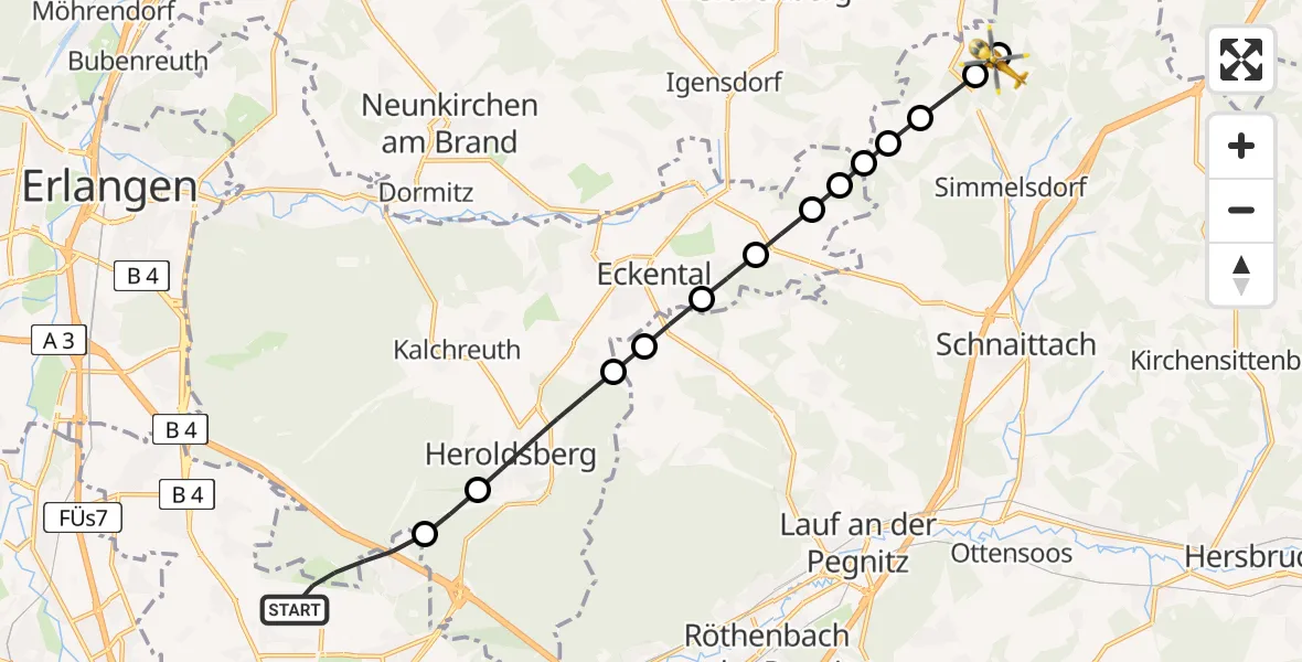 Flugroute Rettungshubschrauber Nuremberg Airport - Winterstein, 12 März 2026, 14:09