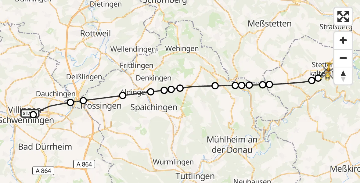 Flugroute Rettungshubschrauber DRF Air Rescue Station Villingen-Schwenningen Heliport (Christoph 11) - Stetten am kalten Markt, 12 März 2026, 14:11