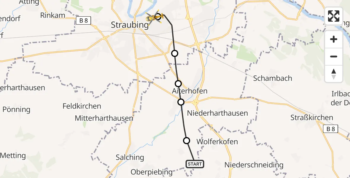 Routekaart van de vlucht: Rettungshubschrauber nach Sankt Elisabeth Hospital Straubing