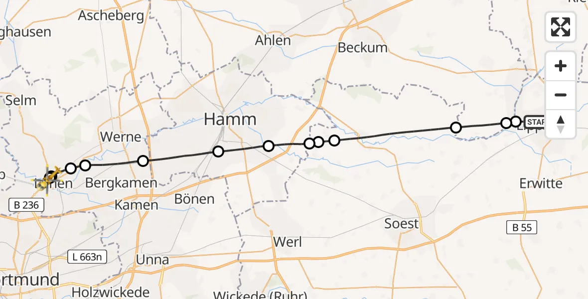Flugroute Rettungshubschrauber Lippstadt - Sankt Marien Hospital, 12 März 2026, 14:14
