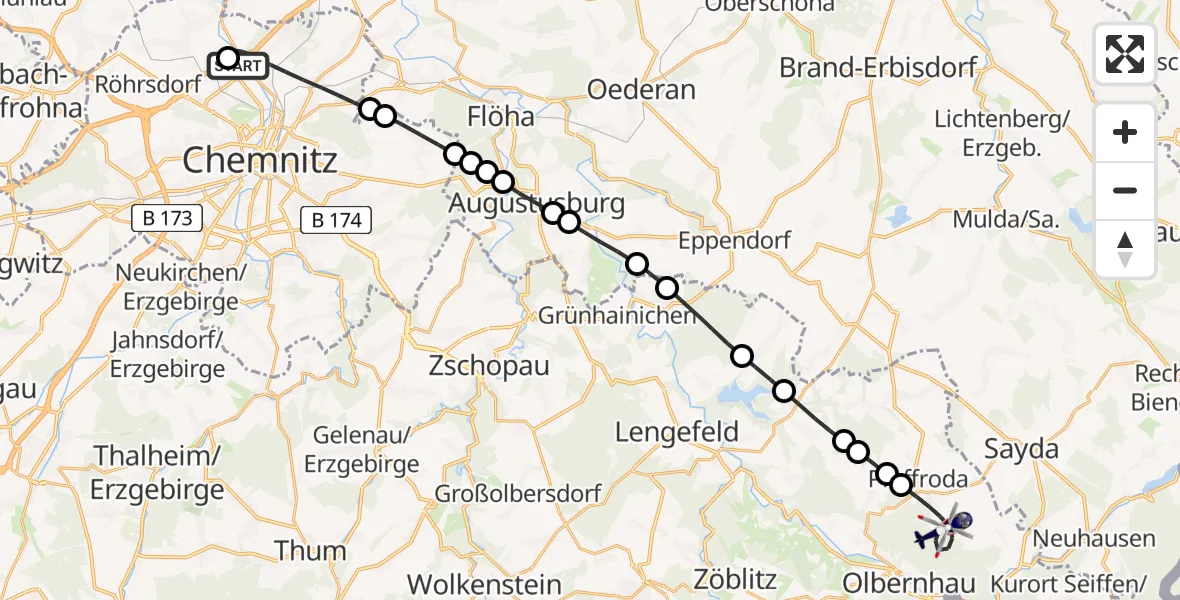 Flugroute Polizeihubschrauber Chemnitz-Glösa Industrial Park Heliport - Pfaffroda, 12 März 2026, 14:17