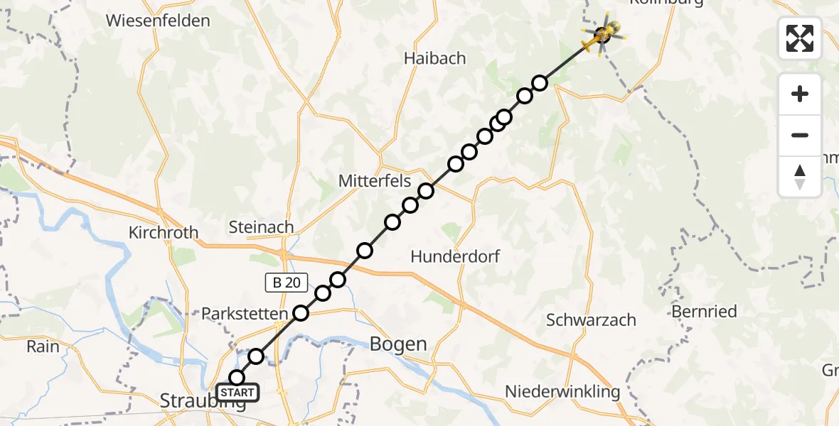 Flugroute Rettungshubschrauber Sankt Elisabeth Hospital Straubing - Münchshöfen, 12 März 2026, 14:29