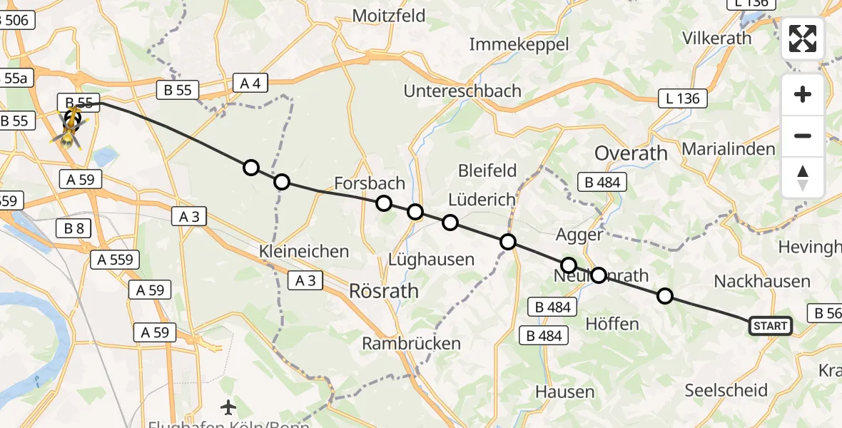 Flugroute Rettungshubschrauber Seelscheid - Merheim Hospital, 12 März 2026, 14:34