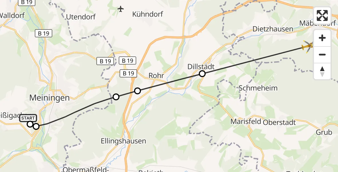Flugroute Rettungshubschrauber Helios Clinic Meiningen - Mäbendorf, 12 März 2026, 14:36