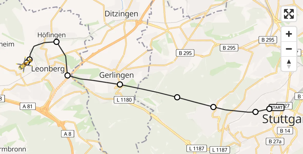 Routekaart van de vlucht: Rettungshubschrauber nach Leonberg Hospital