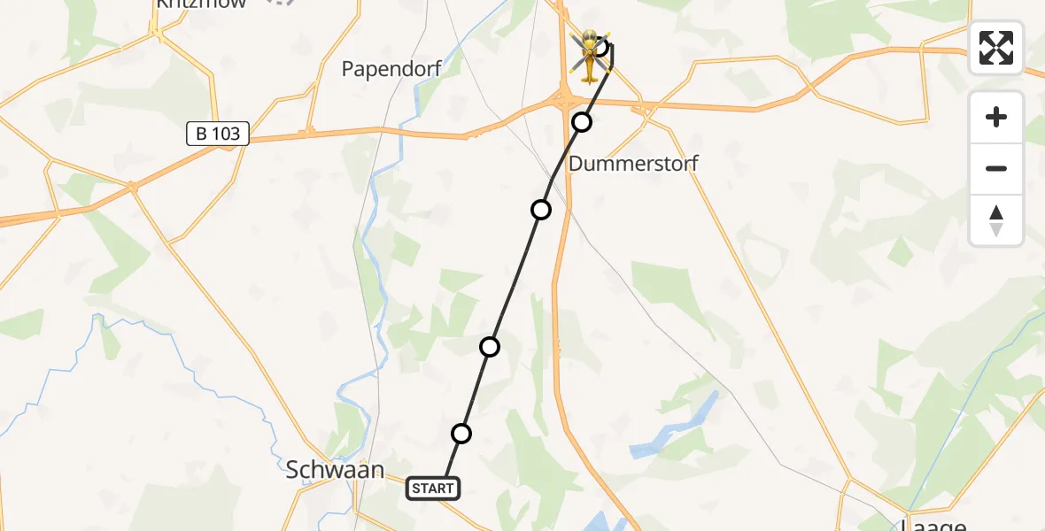 Flugroute Ambulanzhubschrauber Niendorf - Hohen Schwarfs, 12 März 2026, 14:40