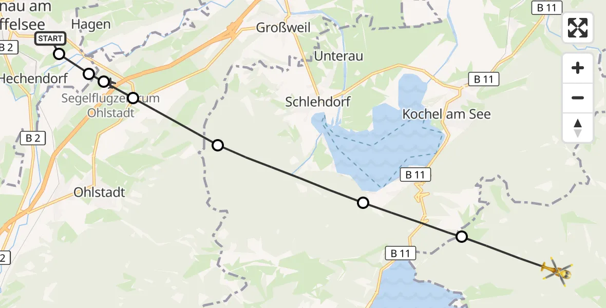 Flugroute Rettungshubschrauber Murnau Accident Hospital - Jachenau, 12 März 2026, 14:45