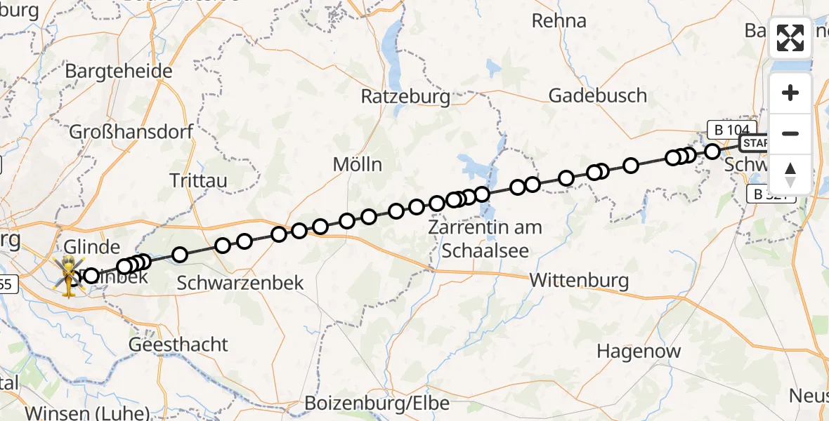 Routekaart van de vlucht: Ambulanzhubschrauber nach Christoph Hansa ADAC Helipad
